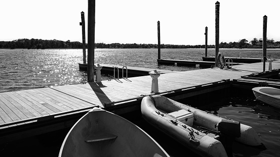 Onset Beach Marina Seascape with moored boats and dock at the harbor in Wareham, Massachusetts, USA