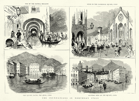 Vintage illustration, Scenes from a flood in Northern Italy, Bellagio, and Como, Victorian, 1888 19th Century