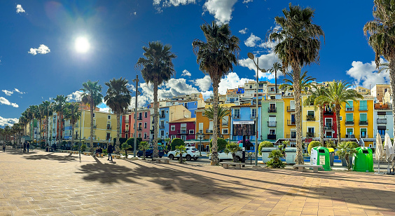 Panoramic view of landmark colorful homes in Villajoyosa, Spain, a picturesque town on the Mediterranean sea.