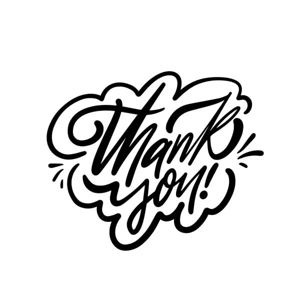 Vector illustration of The phrase Thank You is rendered in calligraphic lettering, black in color, against a white background.