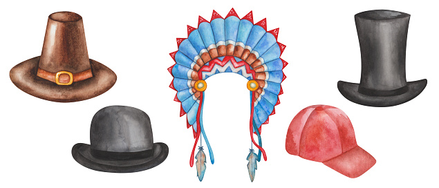 Watercolor set of illustrations. Hand painted headwear. Brown pilgrim hat, golden buckle. Black bowler hat, top hat, gentleman. Red cap. headdress. Bird feathers. Isolated clip art