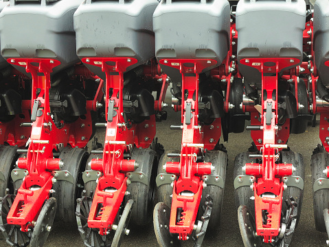 New red agricultural seeder equipment, machinery for spring works