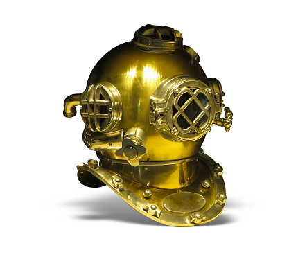 Diving equipment. Bronze helmet from the diver's suit isolated on white background