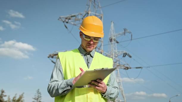 istock Energy auditor writing something during audit of electrical transmission towers 2140374733