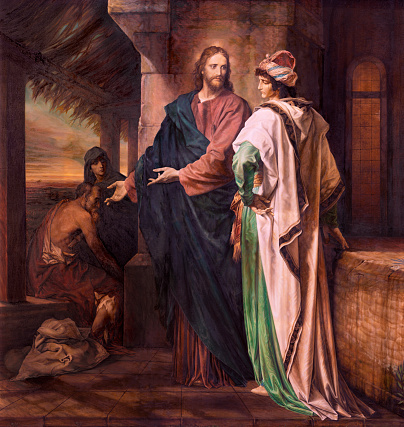 Milan - The painting of Christ and the Rich Young Ruler in the church Chiesa di Santi Quattro Evangelisti by Ahtos Renzo Brioschi as the copy of by Heinrich Hofmann (1889).