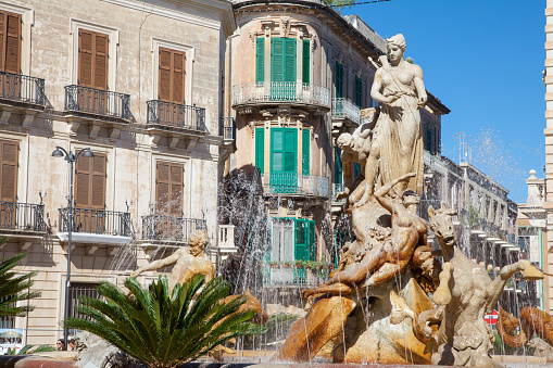 Syracuse, Italy - October 6, 2019: Fountain of Diana (1907) in Syracuse, Sicily