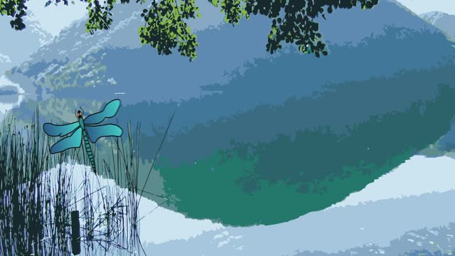 Animation of dragonfly coming and stands at water flower.