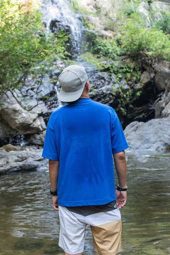 Person in contemplation facing a natural waterfall, immersed in a forest setting.