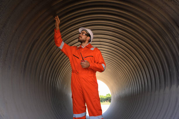 istock Smart engineer with safety suit holding walkie-talkie inspecting large power system pipeline. 2140419321