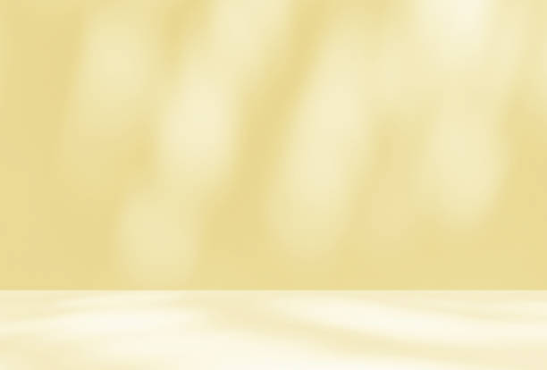istock Empty yellow golden pastel room studio with shadow of leaves. 2140421456