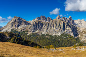 Dolomites mountains, Alpi Dolomiti beautiful scenic landscape in autumn Tofana di Roses, Averau and Cinque Torri area