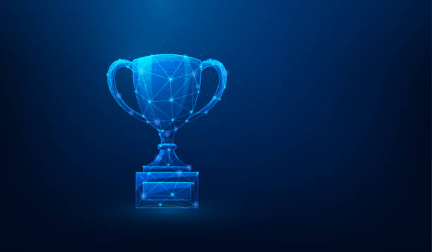 istock business trophy success low poly wireframe on blue background. championship and achievement concept. vector illustration fantastic digital design. 2140439042