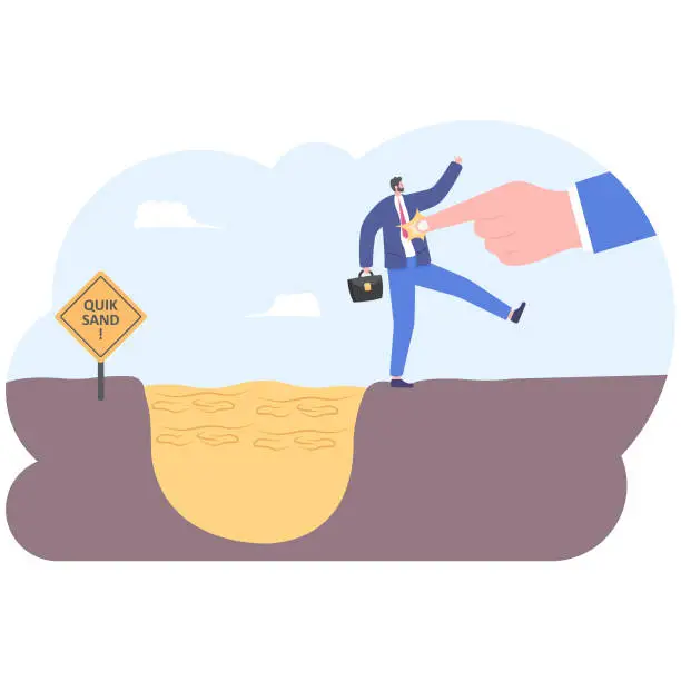 Vector illustration of Hand fight businessman fall in a quicksand, vector illustration cartoon