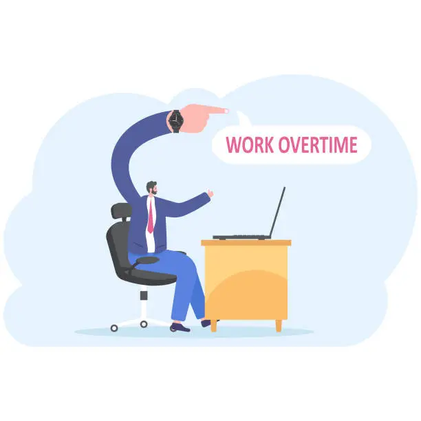 Vector illustration of Businessman holding with wrist watch hand work overtime, work overtime concept