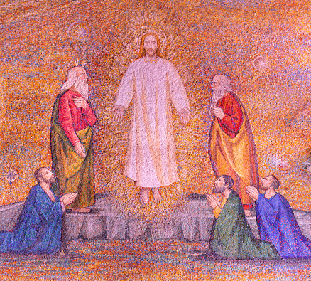 Milan - The mosaic of Transfiguration in the church Chiesa di Santi Quattro Evangelisti by Mario Zappettini