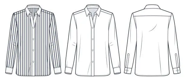 Vector illustration of Striped Shirt technical fashion Illustration. Classic Shirt fashion flat technical drawing template, button, relaxed fit, front, back view, white, women, men, unisex CAD mockup set.