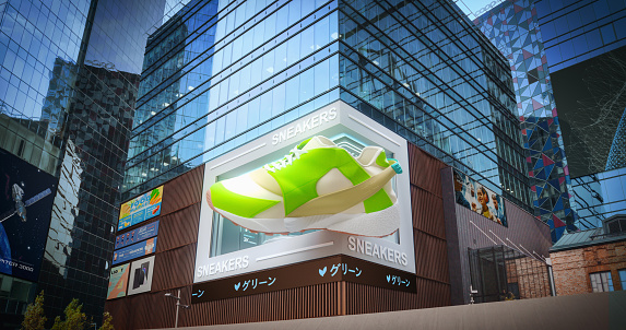 Big City 3D Billboard of a Sneaker. Creative Clothing Advert in Modern Urban District on a Skyscraper. Advertising Concept with Stylish Display, Dymanic Cutting-Edge, High-Impact Visual Creativity