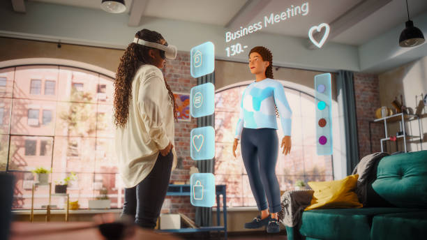 istock Black Woman Using Virtual Augmented Reality Headset for Online Shopping with 3D Avatar, Browsing Stylish Clothing items. Ordering from Mock-up Internet App from Online Store With Fashion Brands 2140483050