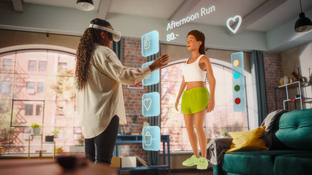istock Black Woman Using Virtual Augmented Reality Headset for Online Shopping with 3D Avatar, Browsing Stylish Clothing items. Ordering from Mockup Internet Application from Online Store With Fashion Brands 2140483667