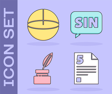 Set Test or exam sheet, Geometric figure Sphere, Feather and inkwell and Mathematics function sine icon. Vector