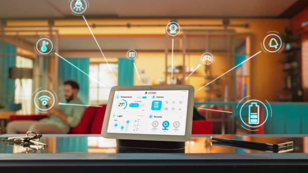 istock Creative Smart Home Device with Light Theme Infographics Shown on Display with Concept Icons. Person using Smartphone to Control His House. IOT Connected Wireless Intelligent System In Apartment. 2140495296