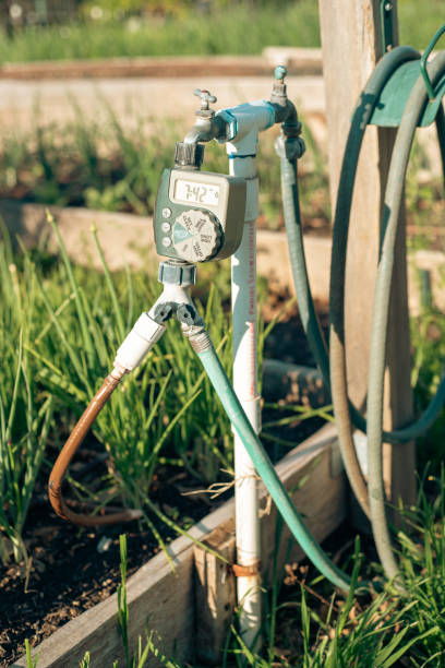 istock Water station at community garden, hose hanger, digital timer, large display controls, PVC pipe, outlet hose faucet Y splitter connector automate drip irrigation system, water energy conservation 2140495310
