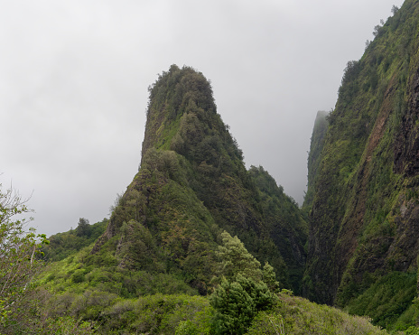 Stunning view of the Iao Needle State Monument vegetation covered lava remnant on the island of Maui,Hawaii,USA