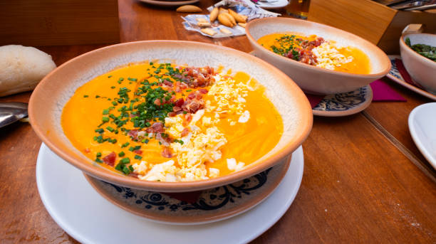 Salmorejo Cordobés Traditional Andalusian Dish, Spain Salmorejo Cordobés Traditional Andalusian Dish, Spanish Cuisine, Spanish Gastronomy, Spain, Europe spanish breakfast stock pictures, royalty-free photos & images