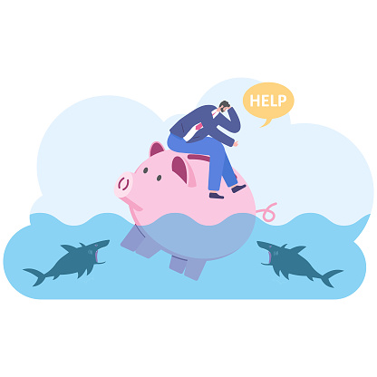 Businessman loss of savings sinking piggy bank, illustration vector cartoon
