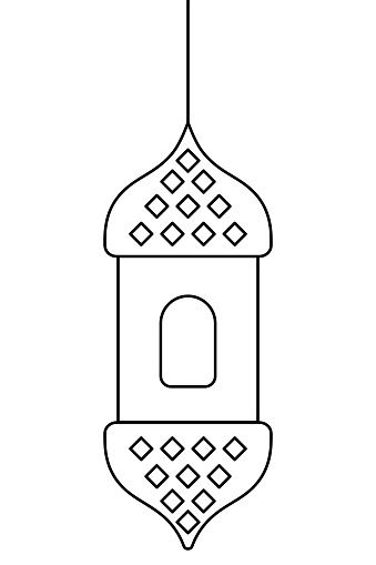 Moroccan candlestick. Sketch. Vector illustration. Hanging lantern sconce with window. Outline on isolated background. Doodle style. The lamp is decorated with a rhombus triangle to diffuse the light. Coloring book for children. Idea for web design.