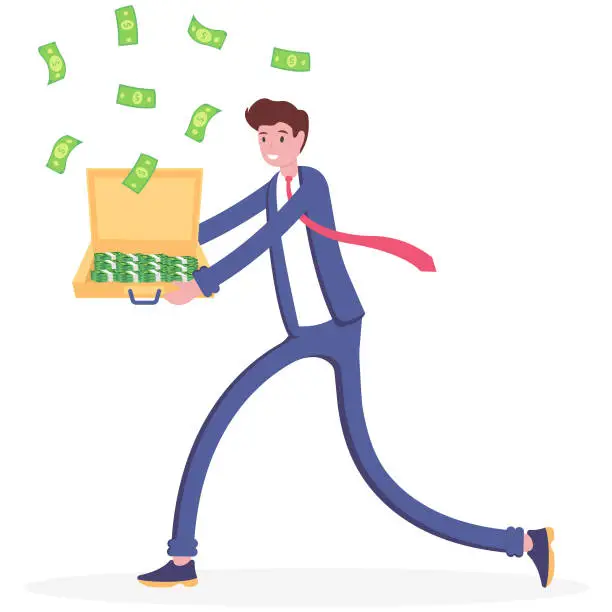 Vector illustration of Rich businessman standing on the open suitcase full of money, vector illustration cartoon