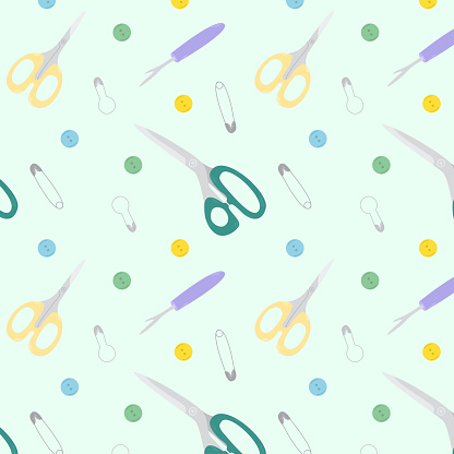 Seamless pattern with needlework sewing tools. Pattern with  scissors,buttons, pin.