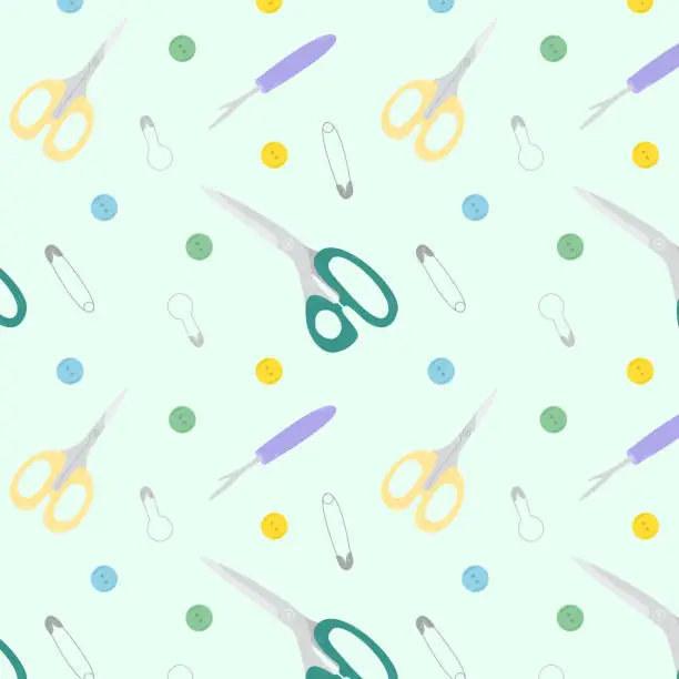 Vector illustration of Seamless pattern with needlework sewing tools. Pattern with  scissors,buttons, pin.