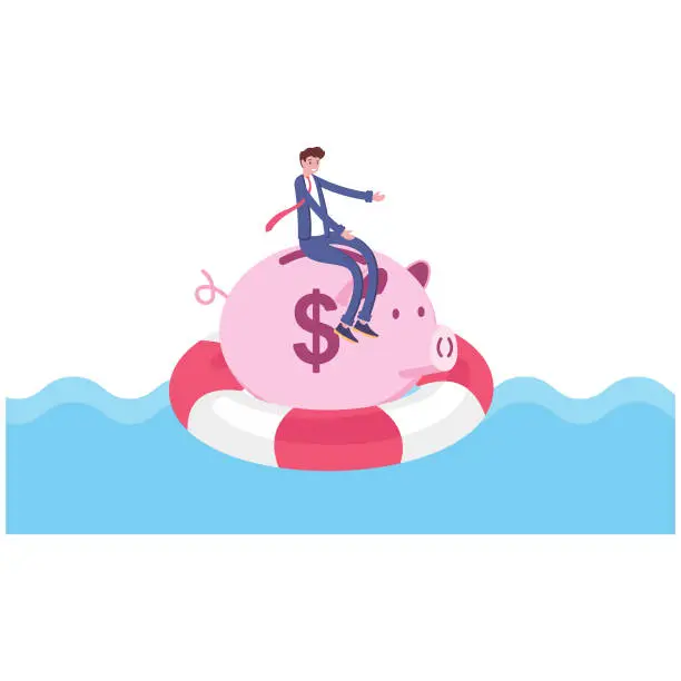 Vector illustration of Businessman rowing the piggy bank floating across the ocean, vector illustration cartoon