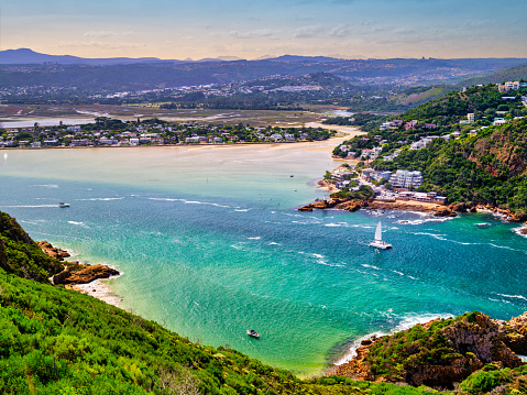 Knysna heads, Leisure Island and the lagoon mouth with a Sailing Boat, Knysna, Garden Route, South Africa
