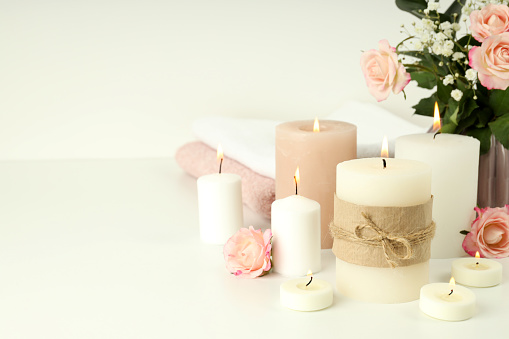 Concept of relaxation with aroma candles, space for text