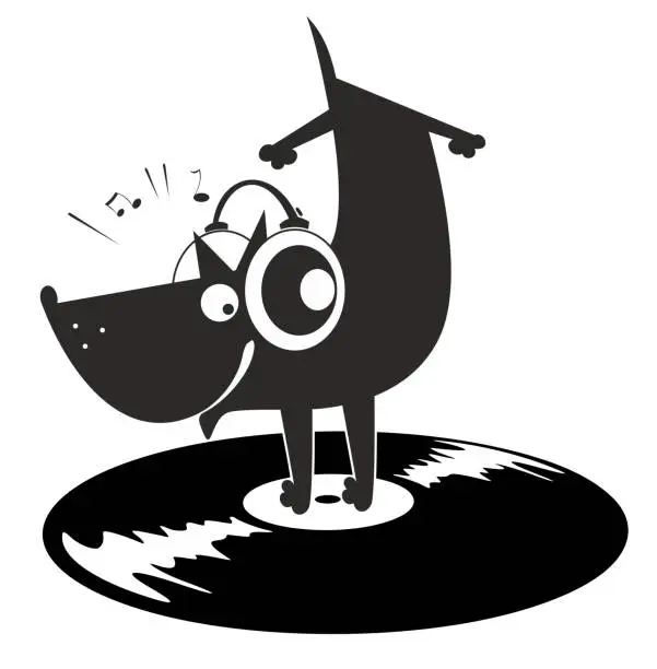 Vector illustration of Cartoon dog, headphones and a long playing record