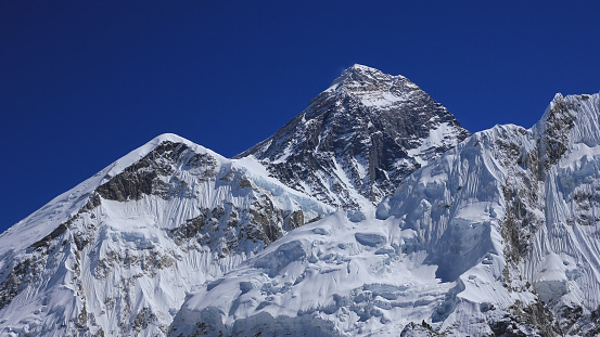 Close up of a snowy mountain, extreme terrain on a sunny day