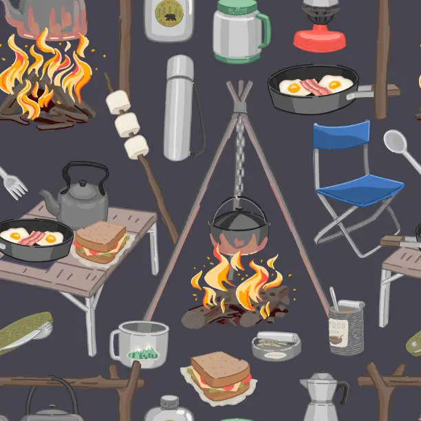 Vector illustration of Camping kitchen seamless pattern. Ornament of outdoor kitchenware, campfire supplies. Vector design in cartoon style.