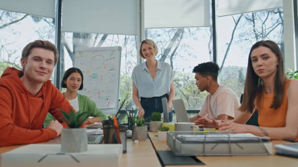 istock Business members group remote meeting at room pov view. Virtual team talking 2140616420