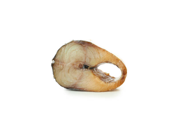 istock Tasty smoked mackerel isolated on white background 2140623297