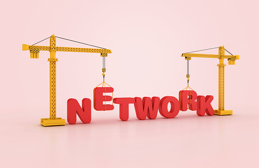 NETWORK Word with Tower Crane - Color Background - 3D Rendering