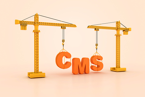 CMS Word with Tower Crane - Color Background - 3D Rendering