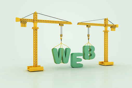 WEB Word with Tower Crane - Color Background - 3D Rendering