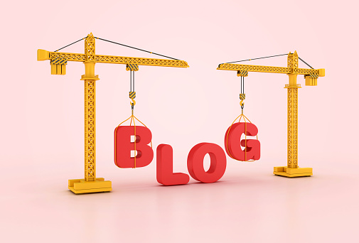BLOG Word with Tower Crane - Color Background - 3D Rendering