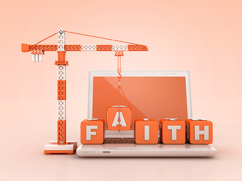 FAITH Blocks with Tower Crane on Computer Laptop - Color Background - 3D Rendering