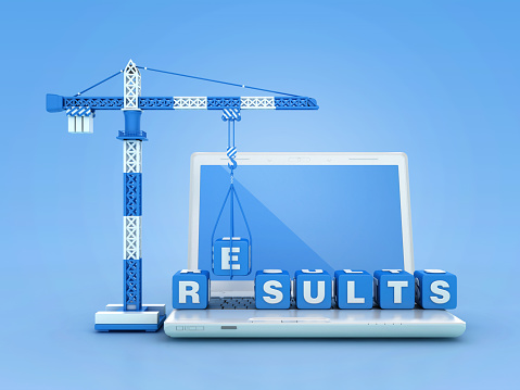RESULTS Blocks with Tower Crane on Computer Laptop - Color Background - 3D Rendering