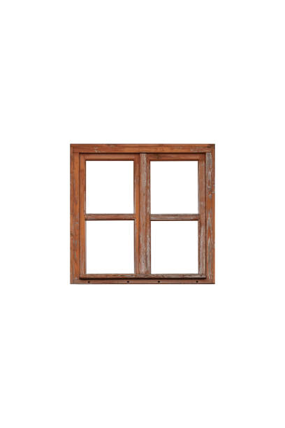 istock Old brown wooden window frame with four sashes isolated on transparent background. 2140632988