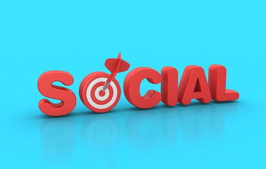 Social 3D Word with Target and Dart - Color Background - 3D Rendering