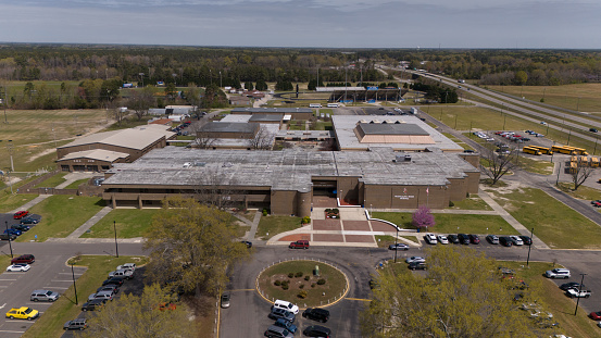 Laurinburg, United States – April 01, 2024: An aerial view of Scotland High School in Laurinburg, North Carolina